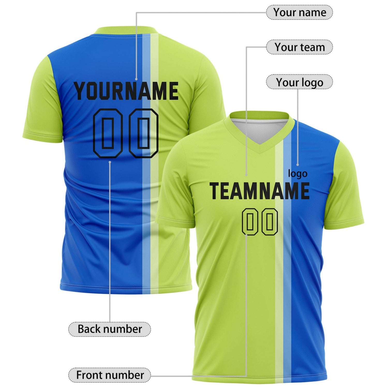Custom Blue & Lime Green Split Stripe Soccer Jersey for Teams & Individuals | Vosoli