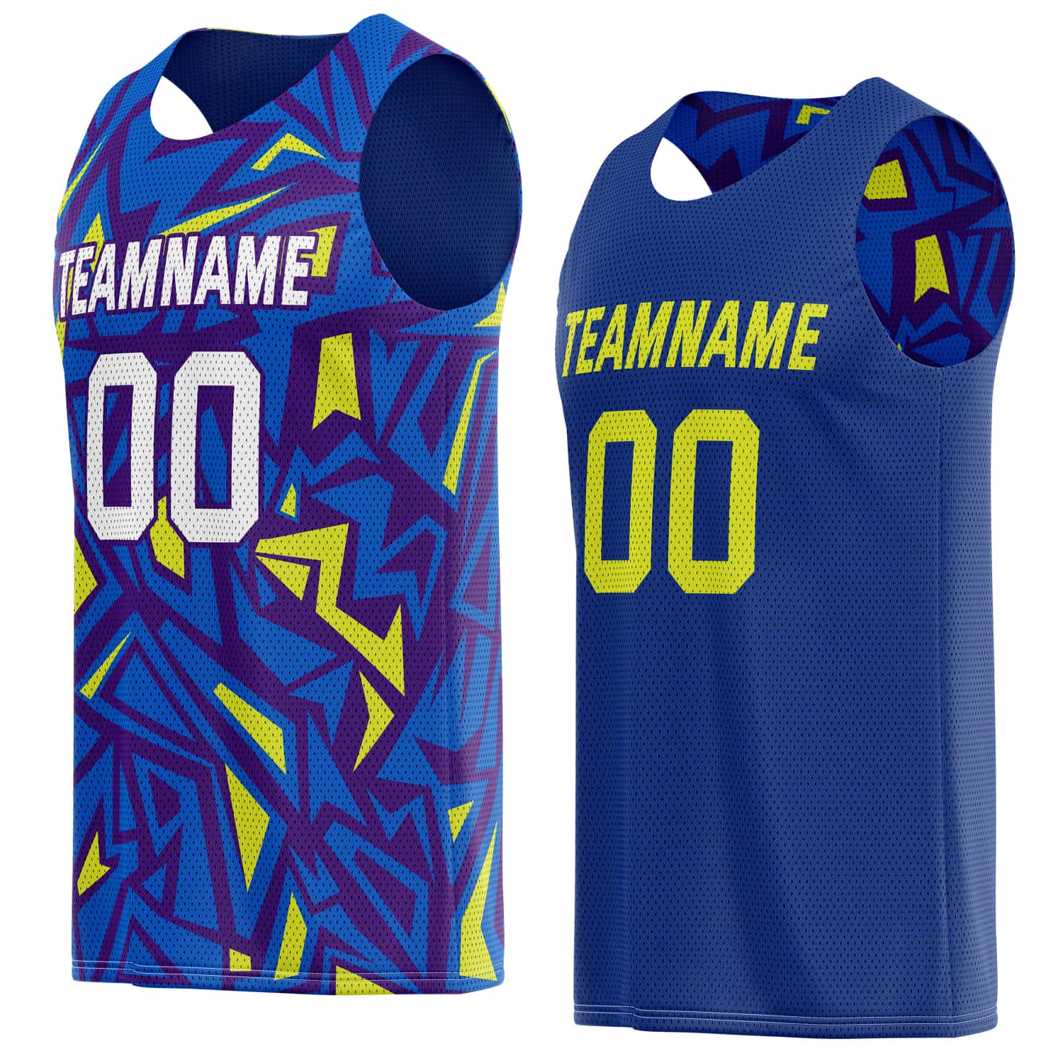 Custom Reversible Basketball Jersey for Individuals & Teams – Blue Purple Yellow Abstract Geo | Vosoli