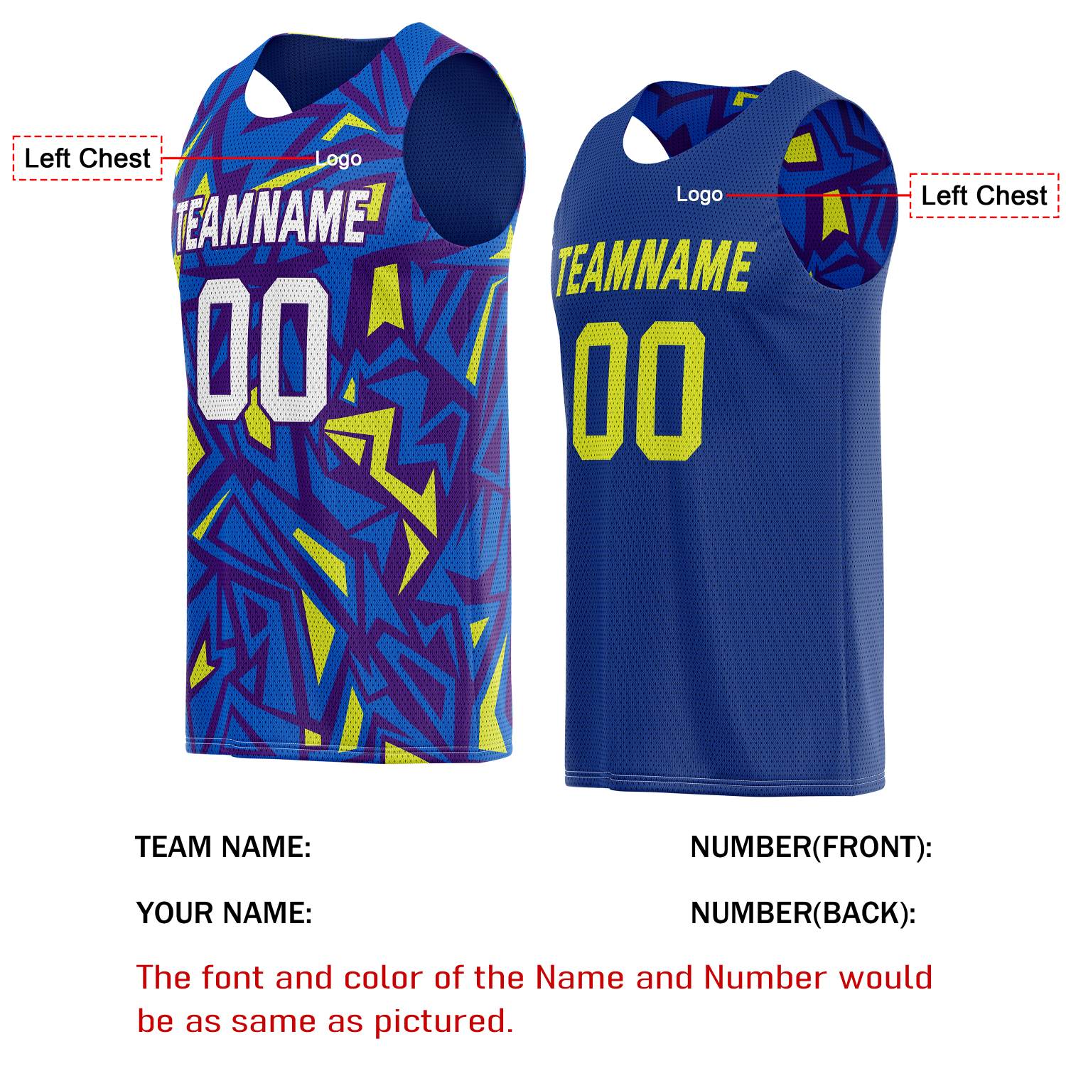 Custom Reversible Basketball Jersey for Individuals & Teams – Blue Purple Yellow Abstract Geo | Vosoli