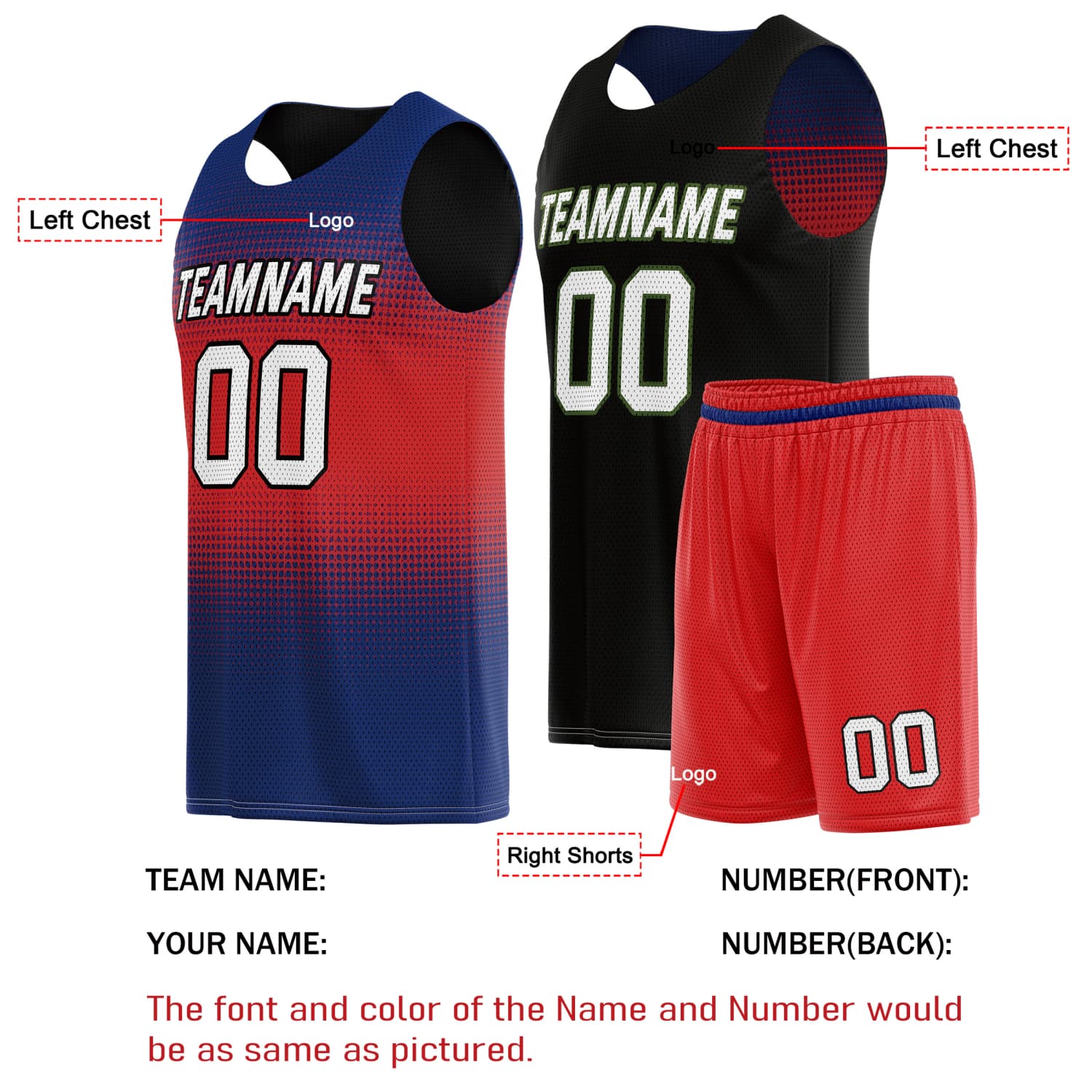 Custom Reversible Basketball Jersey & Shorts Set for Individuals & Teams – Blue Red Black Dot Gradient | Vosoli