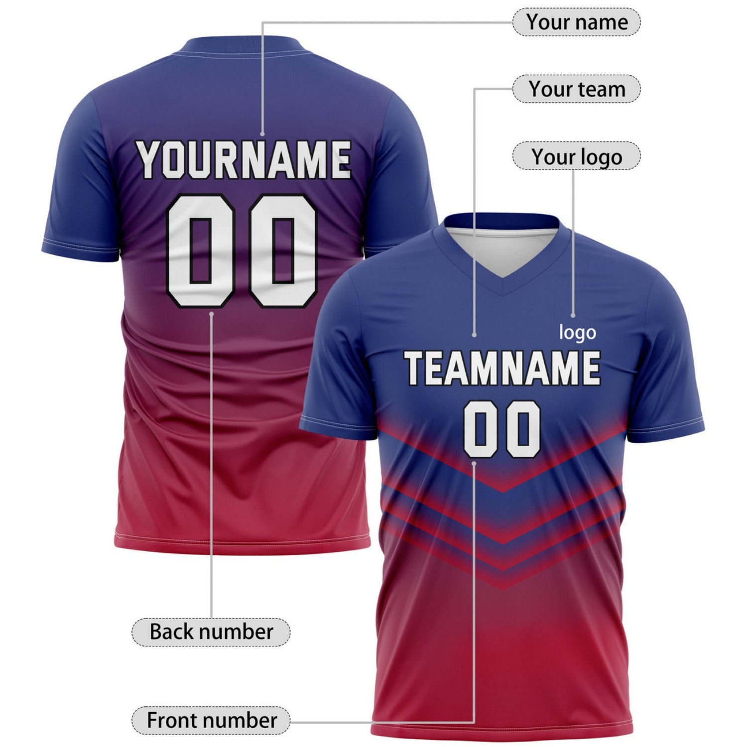 Custom Blue-to-Red Gradient Soccer Jersey for Teams & Individuals | Vosoli