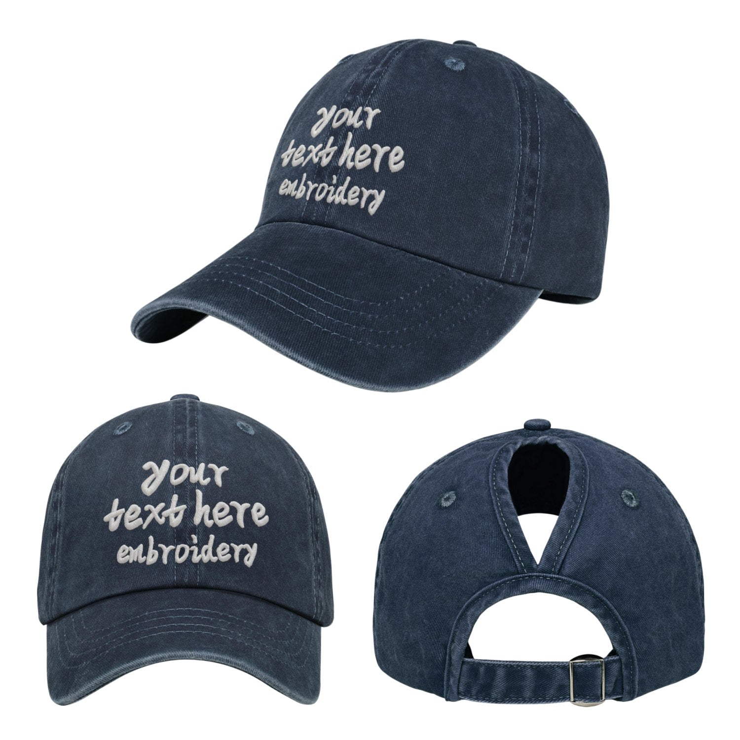 Vosoli Navy Washed Denim Women’s Ponytail Cap - Team Custom 3D Embroidery or Print Personalized Hat