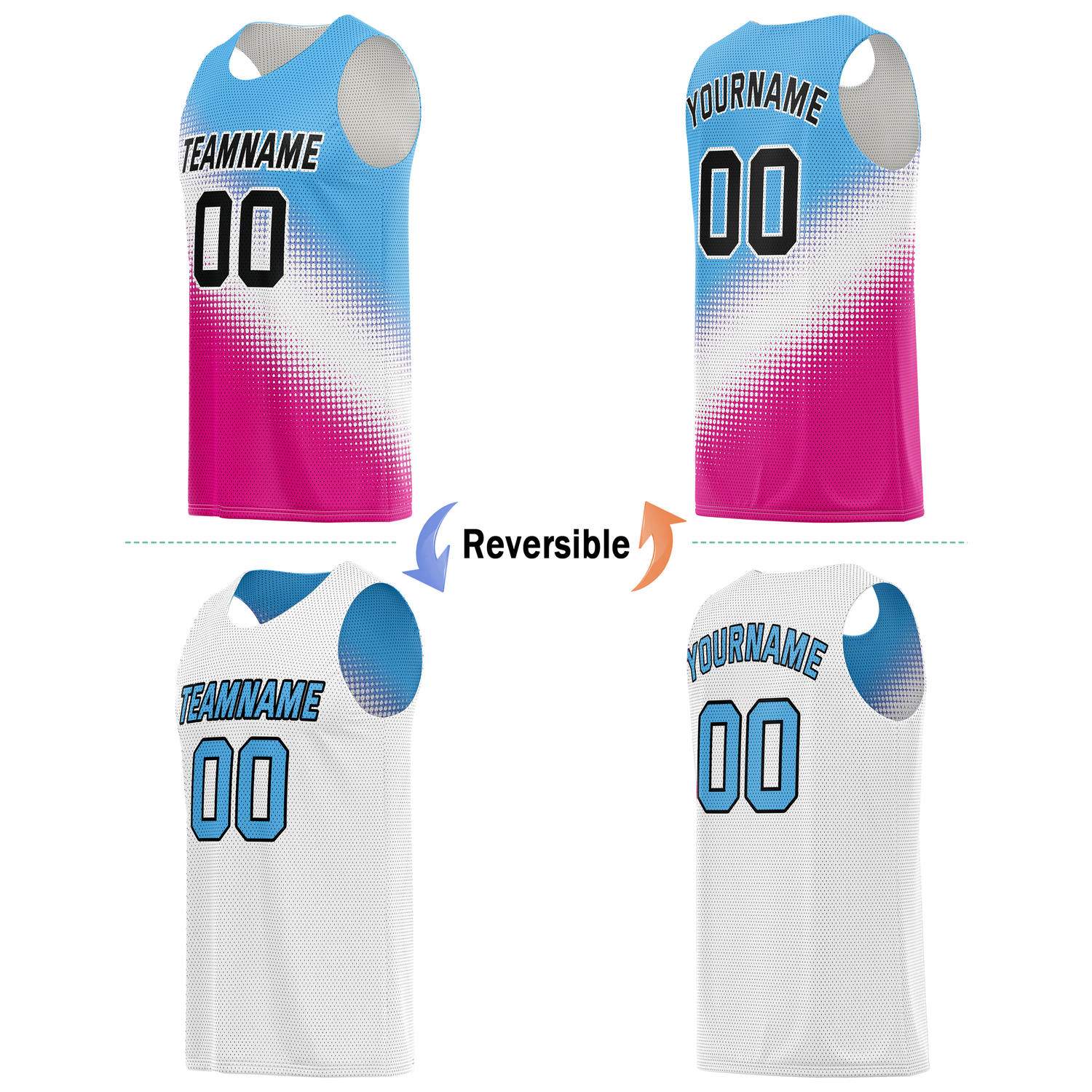 Custom Reversible Basketball Jersey & Shorts Set for Individuals & Teams – Blue Pink White Dot Gradient | Vosoli