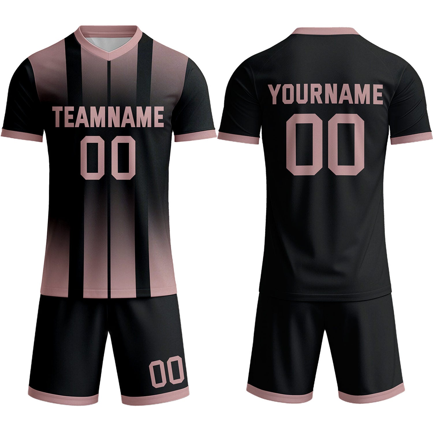 Custom Blush Pink & Black Ombre Stripe Soccer Uniform Set for Teams & Individuals | Vosoli