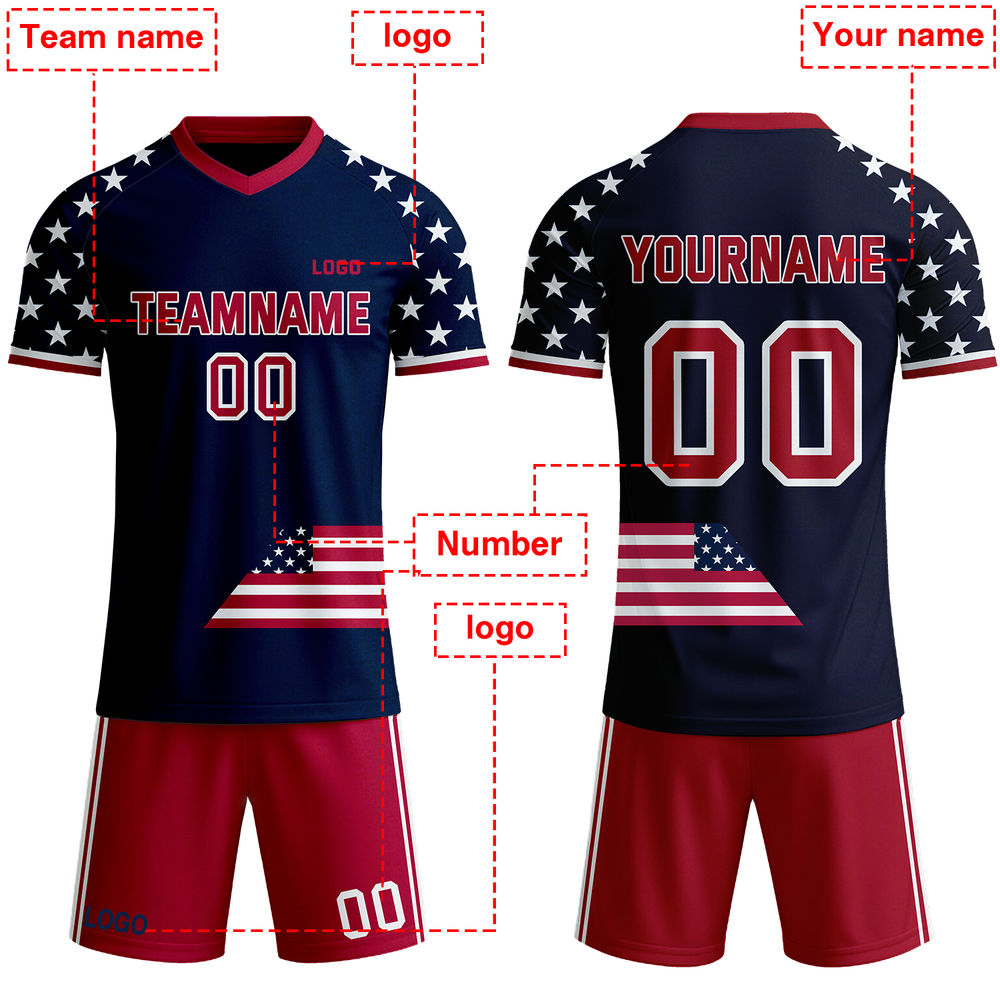 Custom USA Flag Soccer Jersey | Personalized Navy & Red Stars and Stripes Team Uniform - VOSOLI