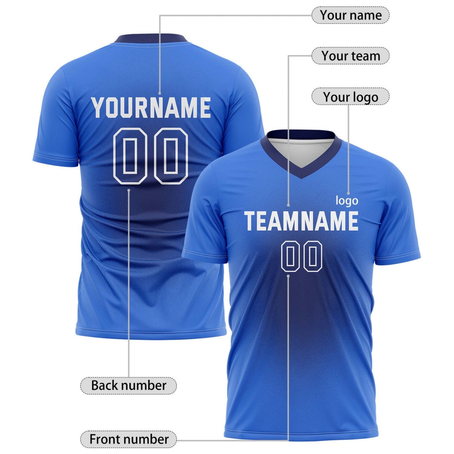 Custom Bright Blue & Navy Gradient Soccer Jersey for Teams & Individuals | Vosoli