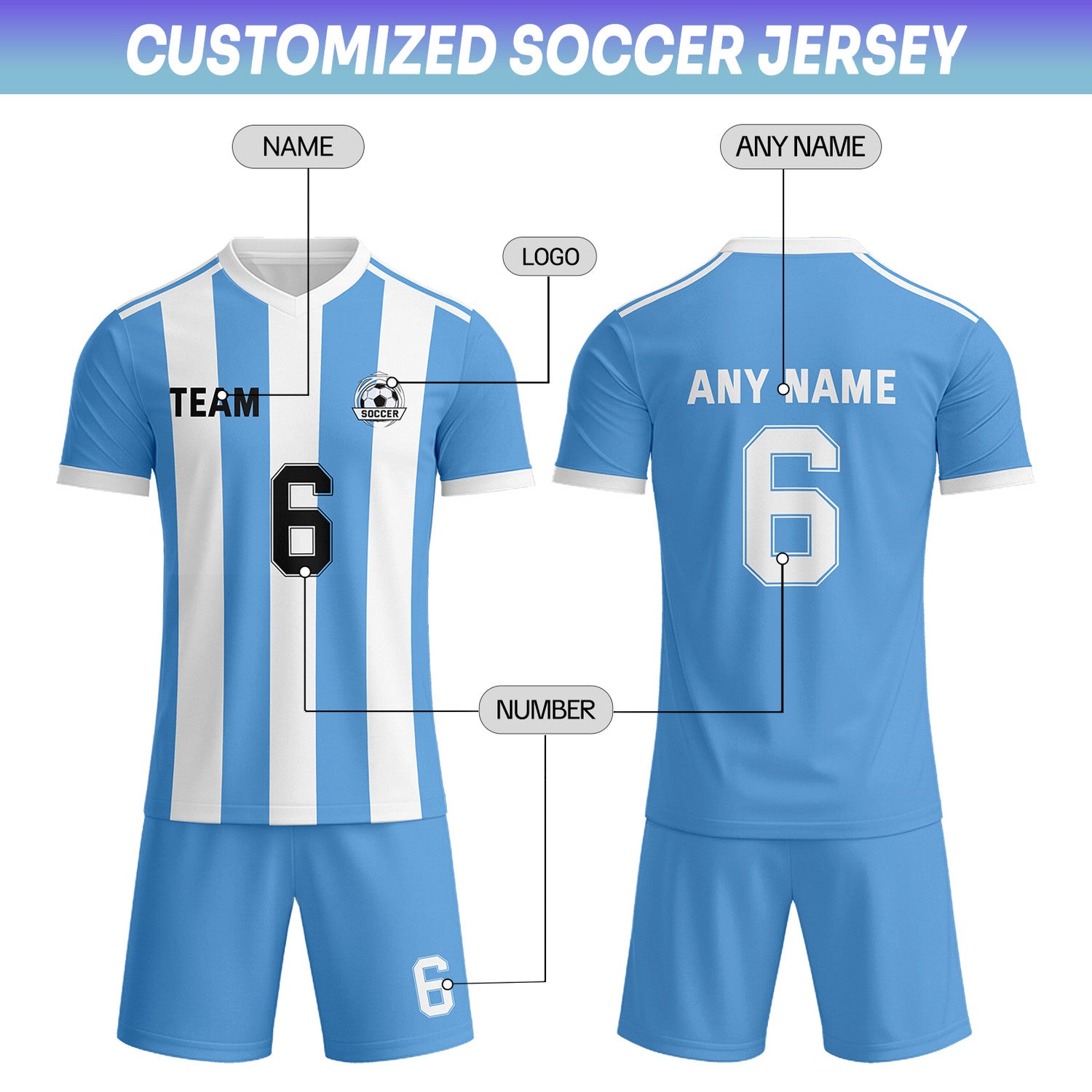 Custom Bright Blue & White-Black Striped Soccer Uniform Set for Teams & Individuals | Vosoli