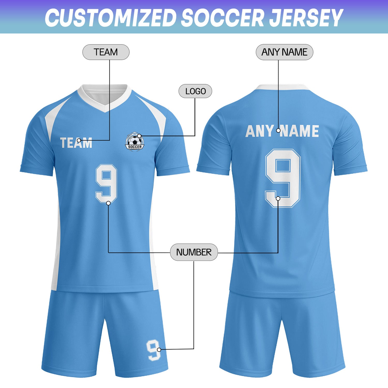 Custom Bright Blue & White Soccer Uniform Set - Personalized Team Name & Number | Vosoli