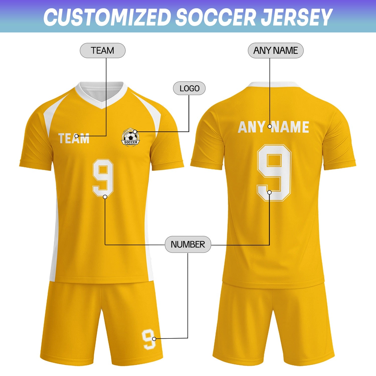 Custom Bright Yellow & White Soccer Uniform Set - Personalized Team Name & Number | Vosoli