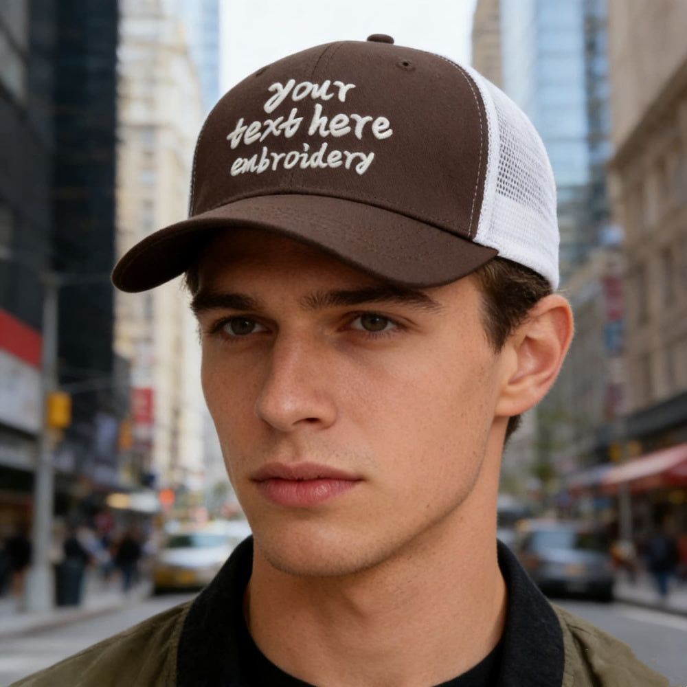 Vosoli Brown White Mesh Trucker Cap - Custom Embroidered Personalized Hat