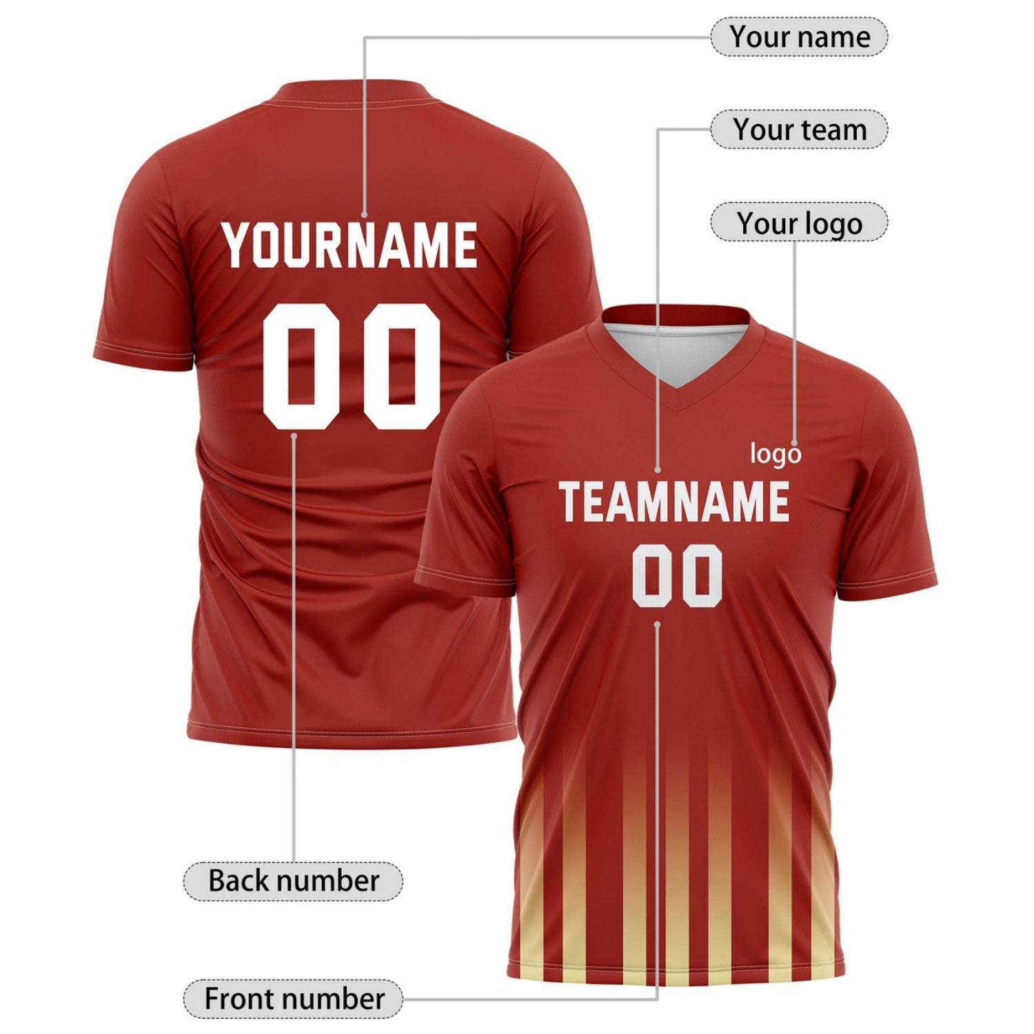 Custom Burgundy & Gold Gradient Stripe Soccer Jersey for Teams & Individuals | Vosoli