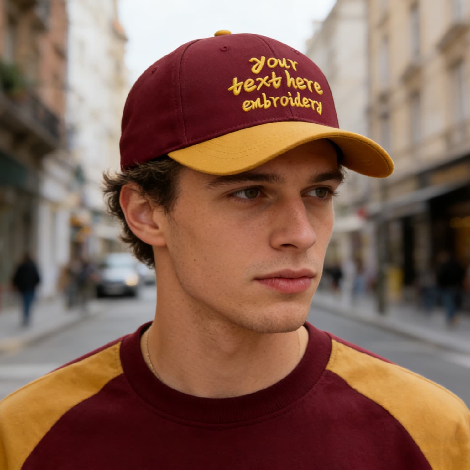 Vosoli Burgundy Gold Two-Tone Baseball Cap - Unisex Custom 3D Embroidery or Print