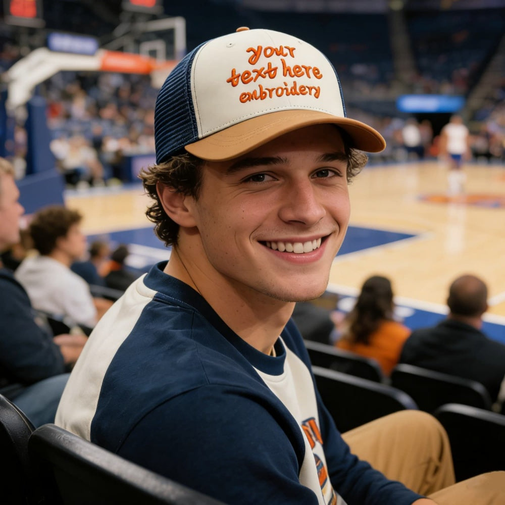 Vosoli Camel & Navy Mesh-Back Trucker Cap - Unisex Personal & Team Custom 3D Embroidery or Print Hat