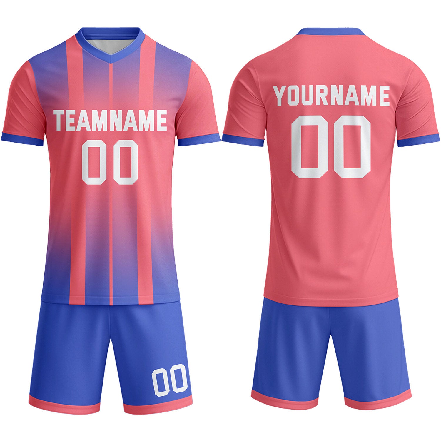 Custom Coral Pink & Royal Blue Ombre Stripe Soccer Uniform Set for Teams & Individuals | Vosoli