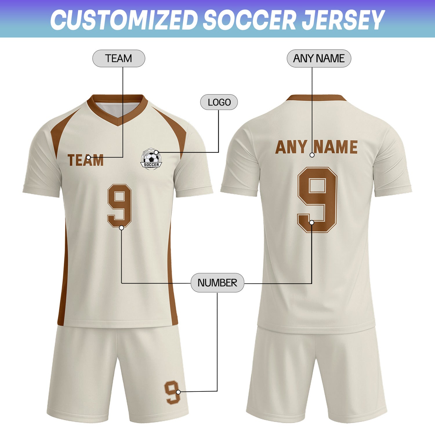 Custom Cream & Brown Soccer Uniform Set - Personalized Team Name & Number | Vosoli
