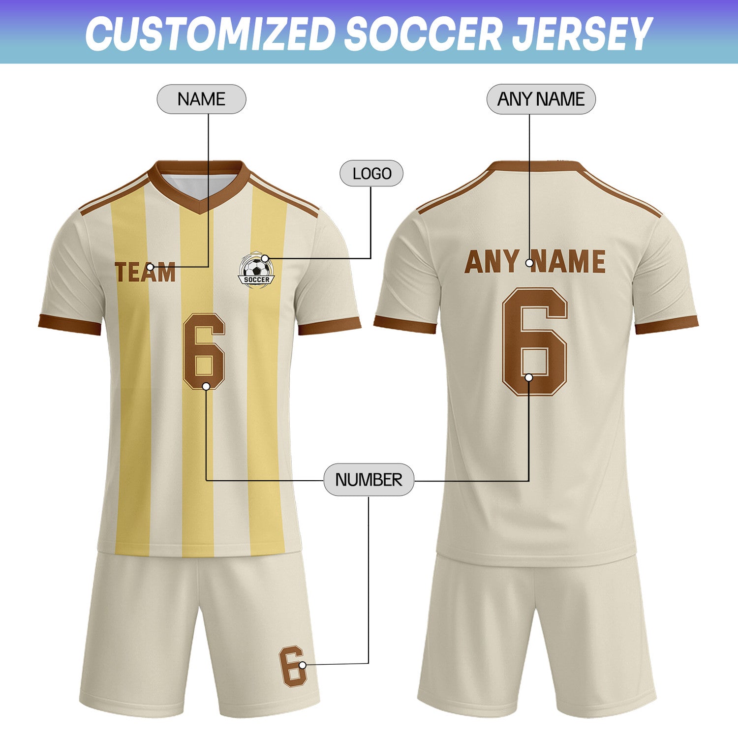 Custom Cream & Yellow-Brown Striped Soccer Uniform Set for Teams & Individuals | Vosoli