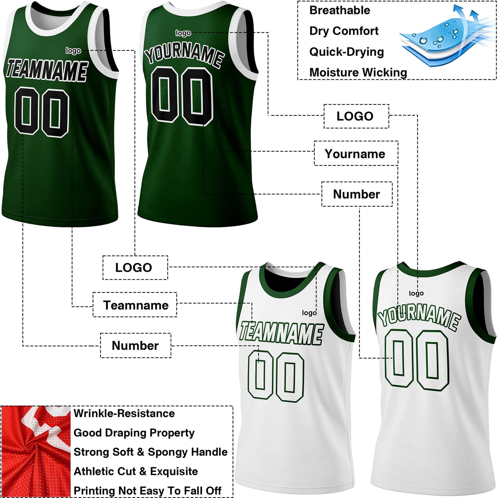 Vosoli Custom Reversible Basketball Jersey | Men's & Youth Blank Team Uniform (Green/White)