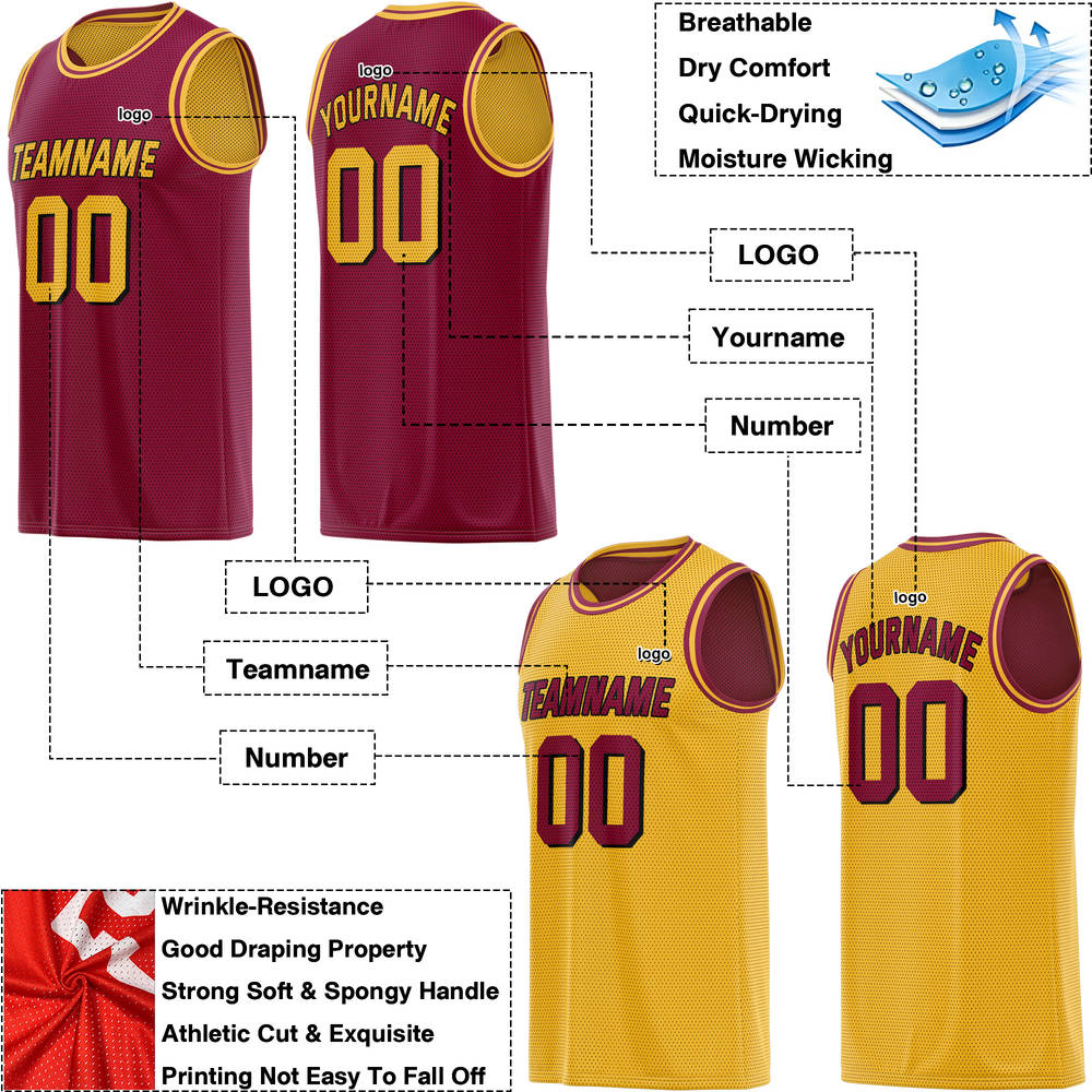 Custom Maroon & Gold Athletic Mesh Basketball Jersey | Personalized Team V-Neck Sleeveless Kit - VOSOLI