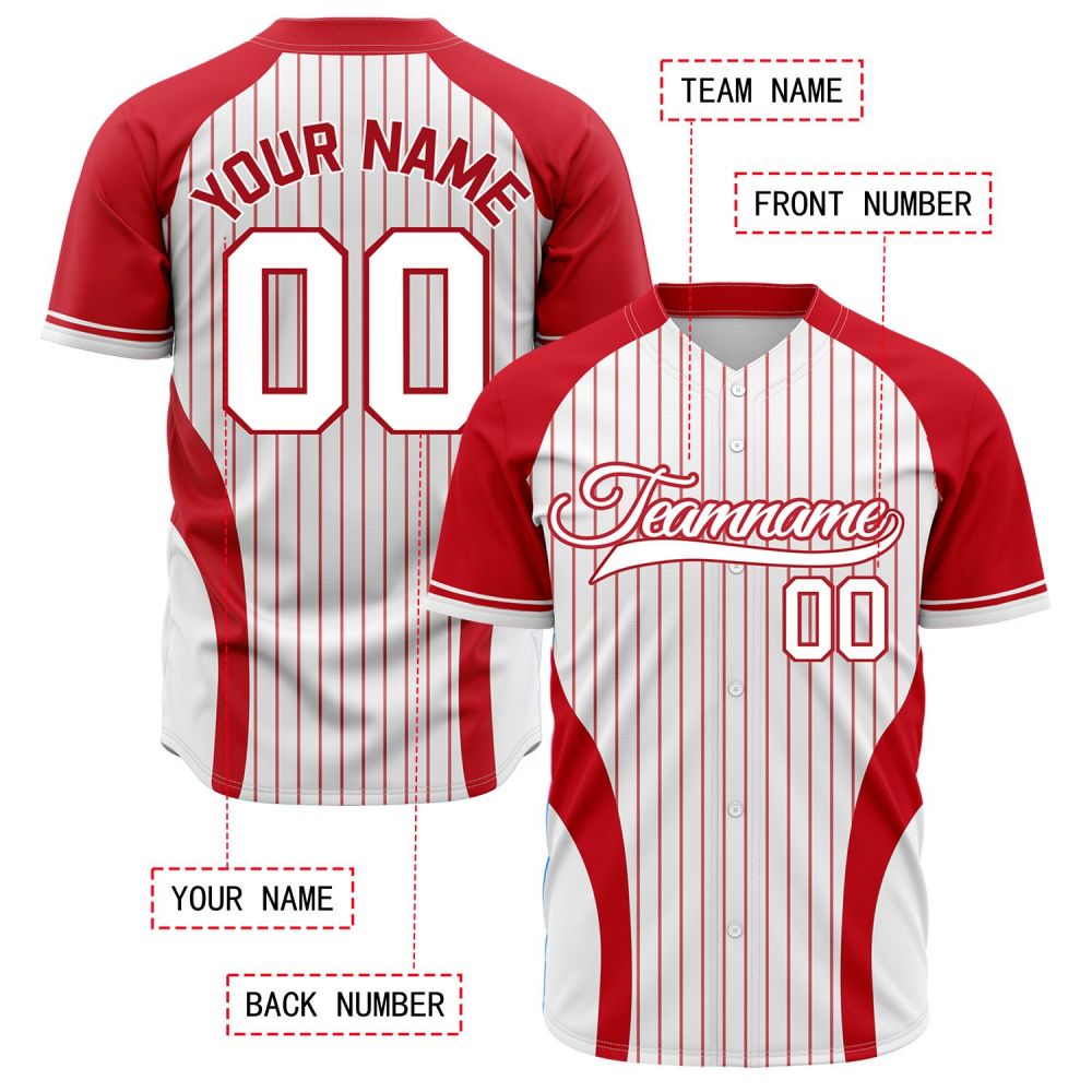 Custom Red & White Pinstripe Baseball Jersey | Personalized Striped Full Button Team Uniform - VOSOLI