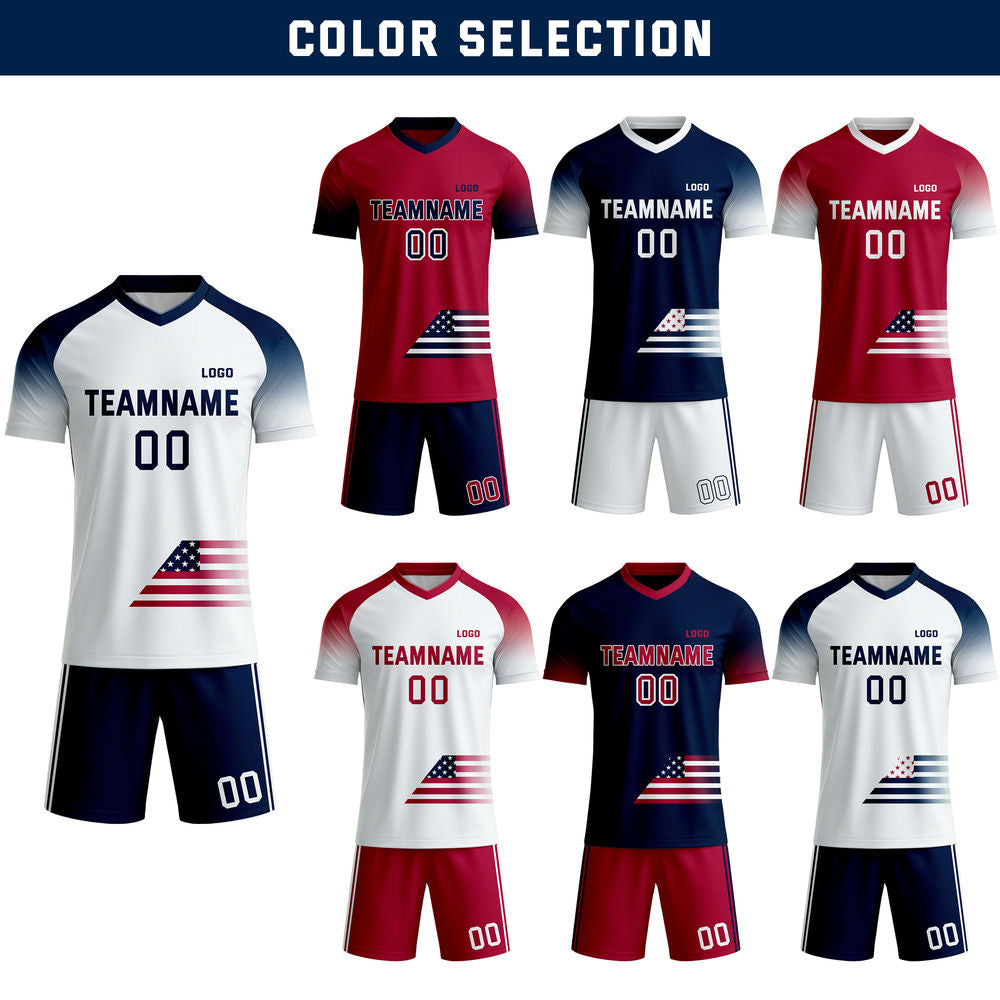 Custom Navy & Red Gradient USA Flag Soccer Jersey - Personalized Patriotic Team Kit