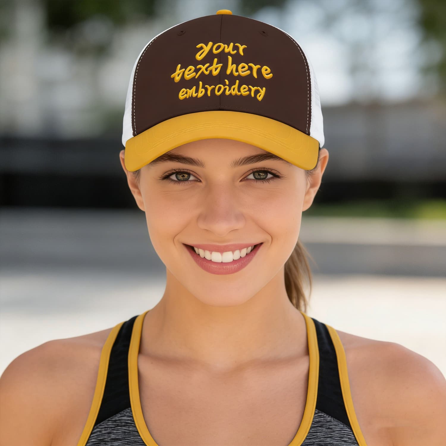 Vosoli Dark Brown & Gold Two-Tone Baseball Trucker Hat - Unisex Custom 3D Embroidery or Print