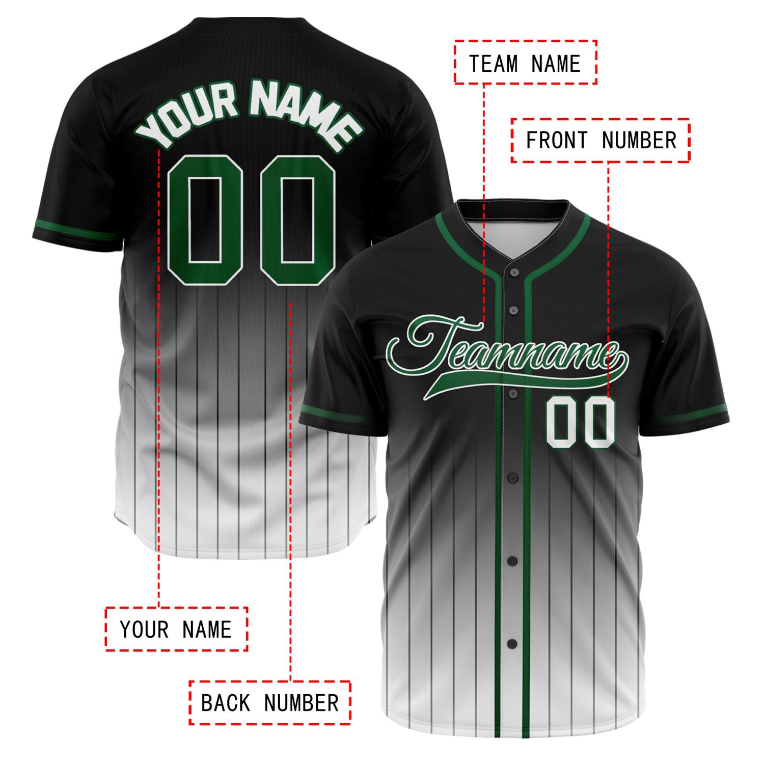 VOSOLI Dark Forest Green & Black Gradient Pinstripe Baseball Jersey