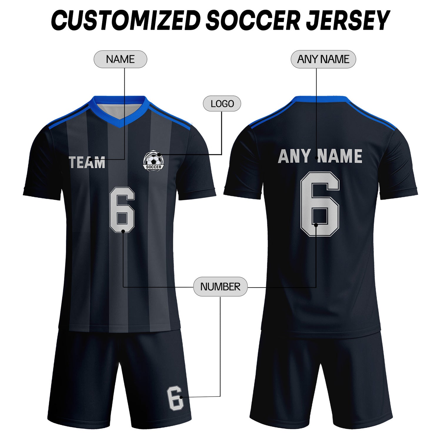 Custom Dark Grey & Black-Blue Striped Soccer Uniform Set for Teams & Individuals | Vosoli