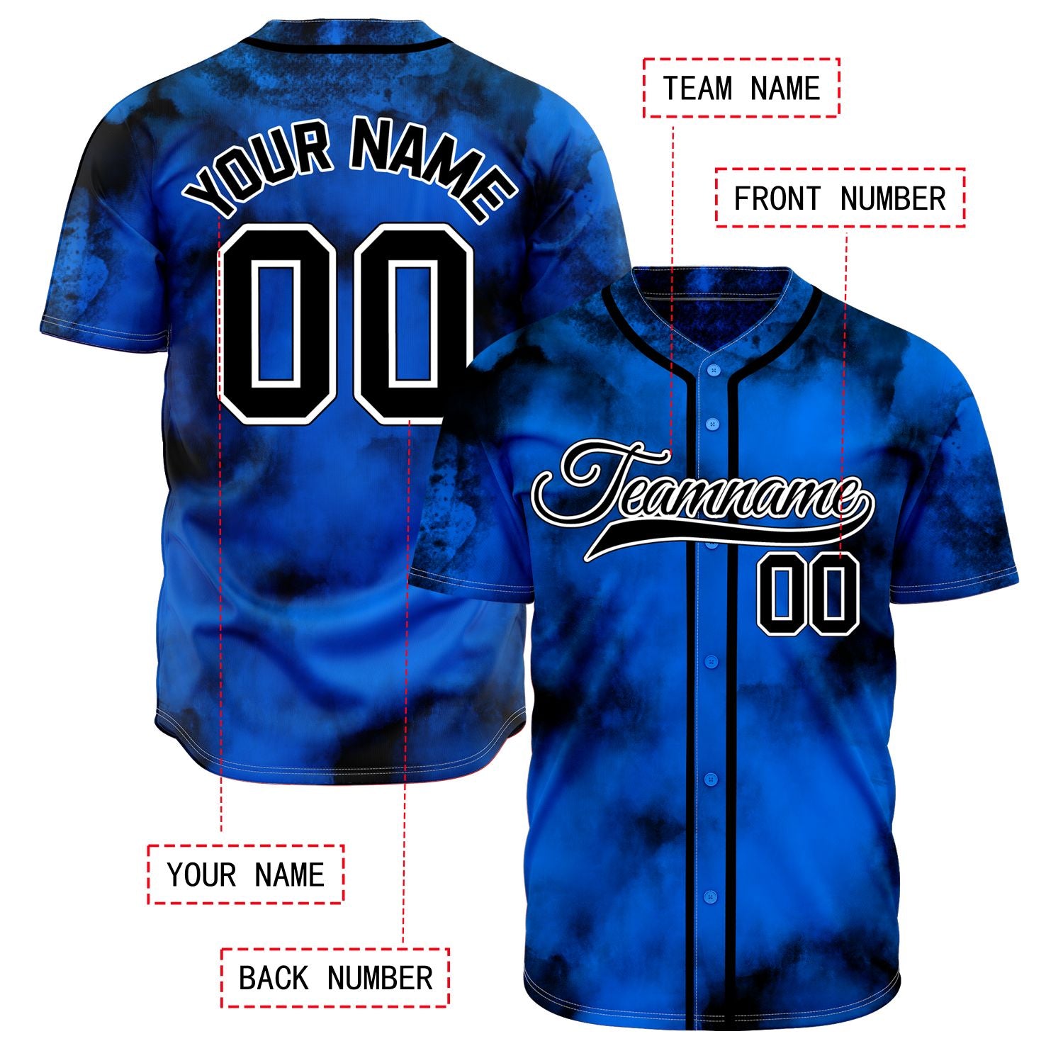 VOSOLI Deep Ocean Royal Blue Black Tie-Dye Graffiti Custom Stitched Baseball Jersey