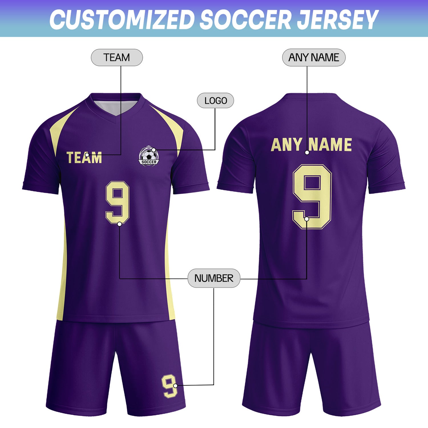 Custom Deep Purple & Gold Soccer Uniform Set - Personalized Team Name & Number | Vosoli