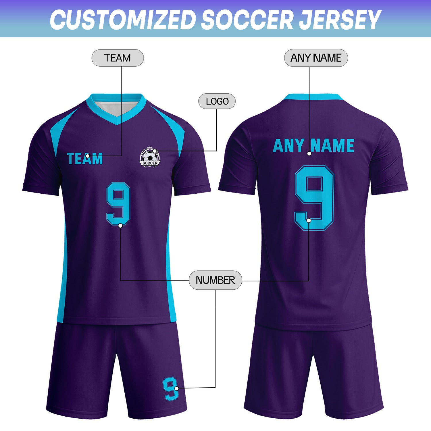 Custom Deep Purple & Turquoise Soccer Uniform Set - Personalized Team Name & Number | Vosoli