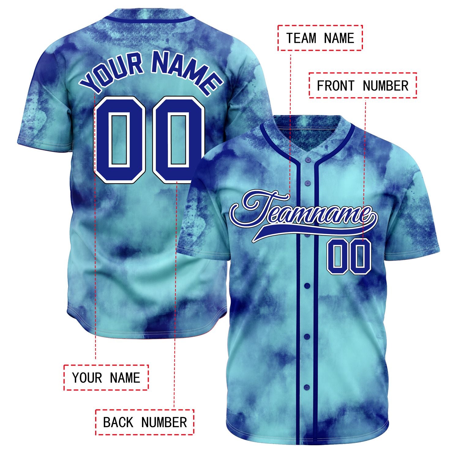 VOSOLI Electric Aqua Tie-Dye Graffiti Custom Stitched Baseball Jersey
