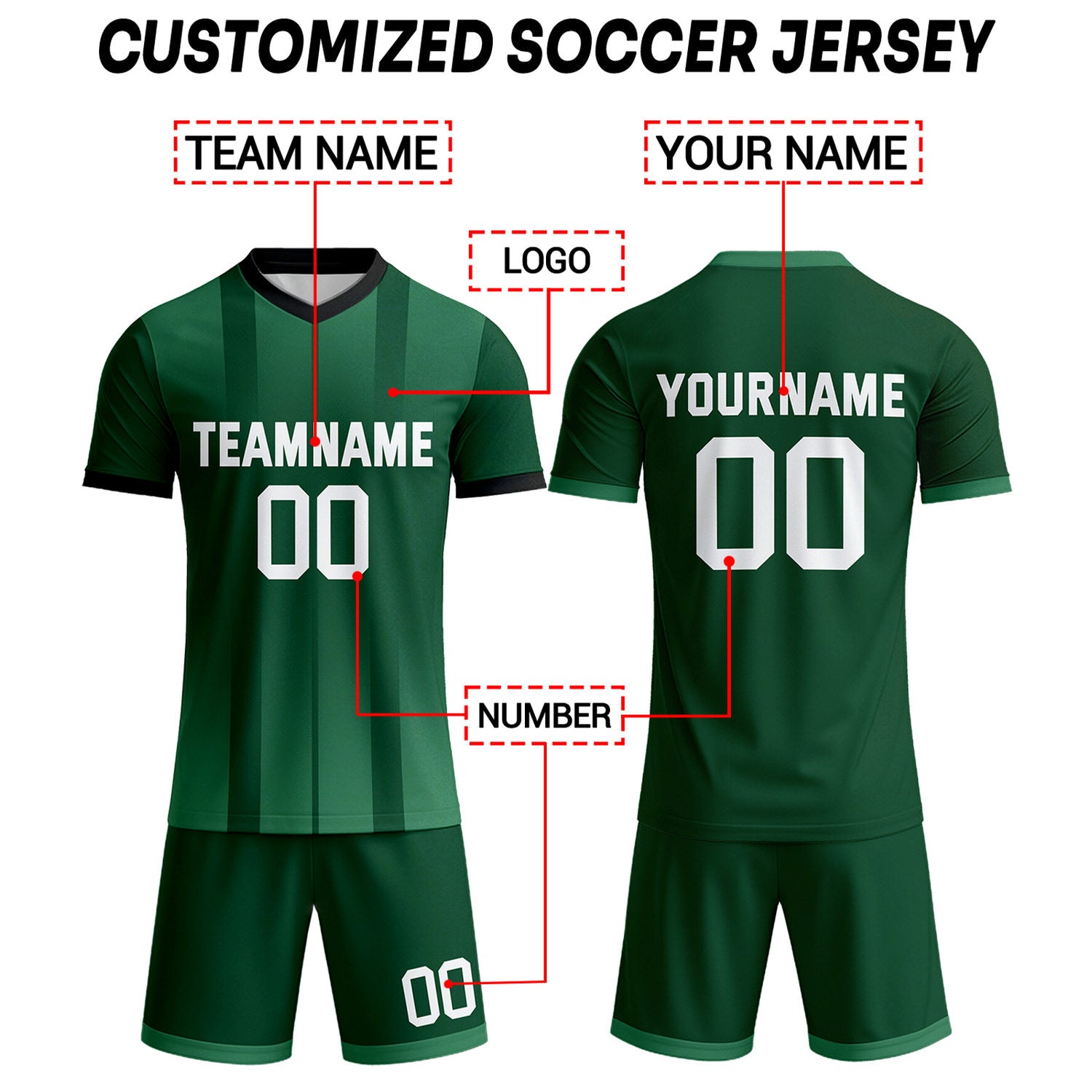 Custom Forest Green Stripe Soccer Uniform Set for Teams & Individuals | Vosoli