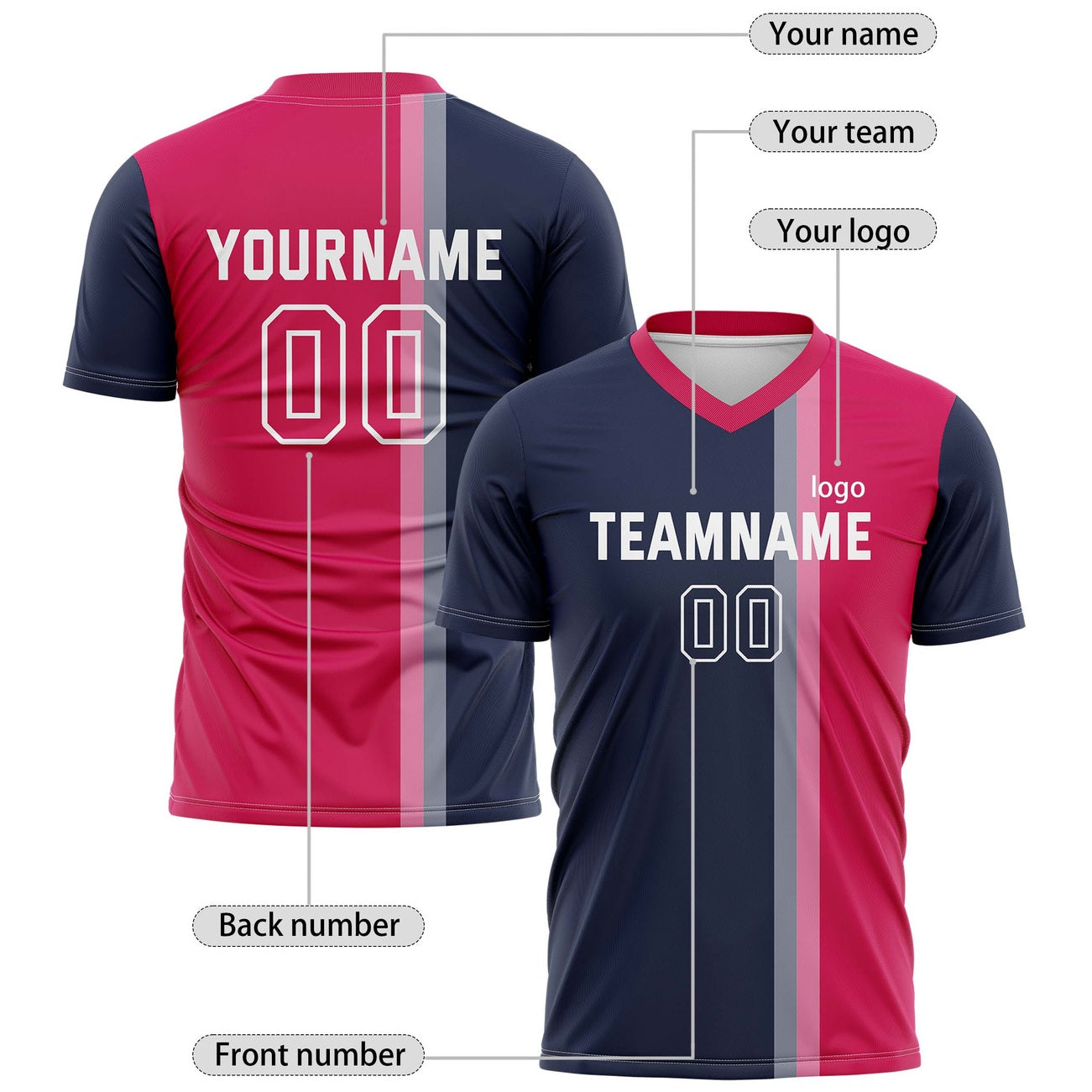 Custom Fuchsia & Navy Split Stripe Soccer Jersey for Teams & Individuals | Vosoli