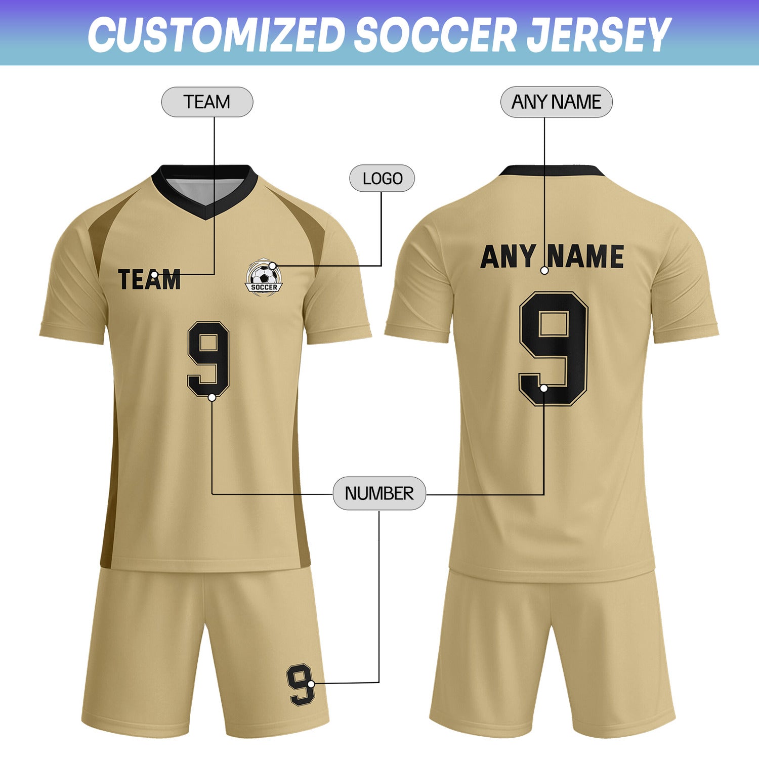 Custom Gold Beige & Black Soccer Uniform Set - Personalized Team Name & Number | Vosoli