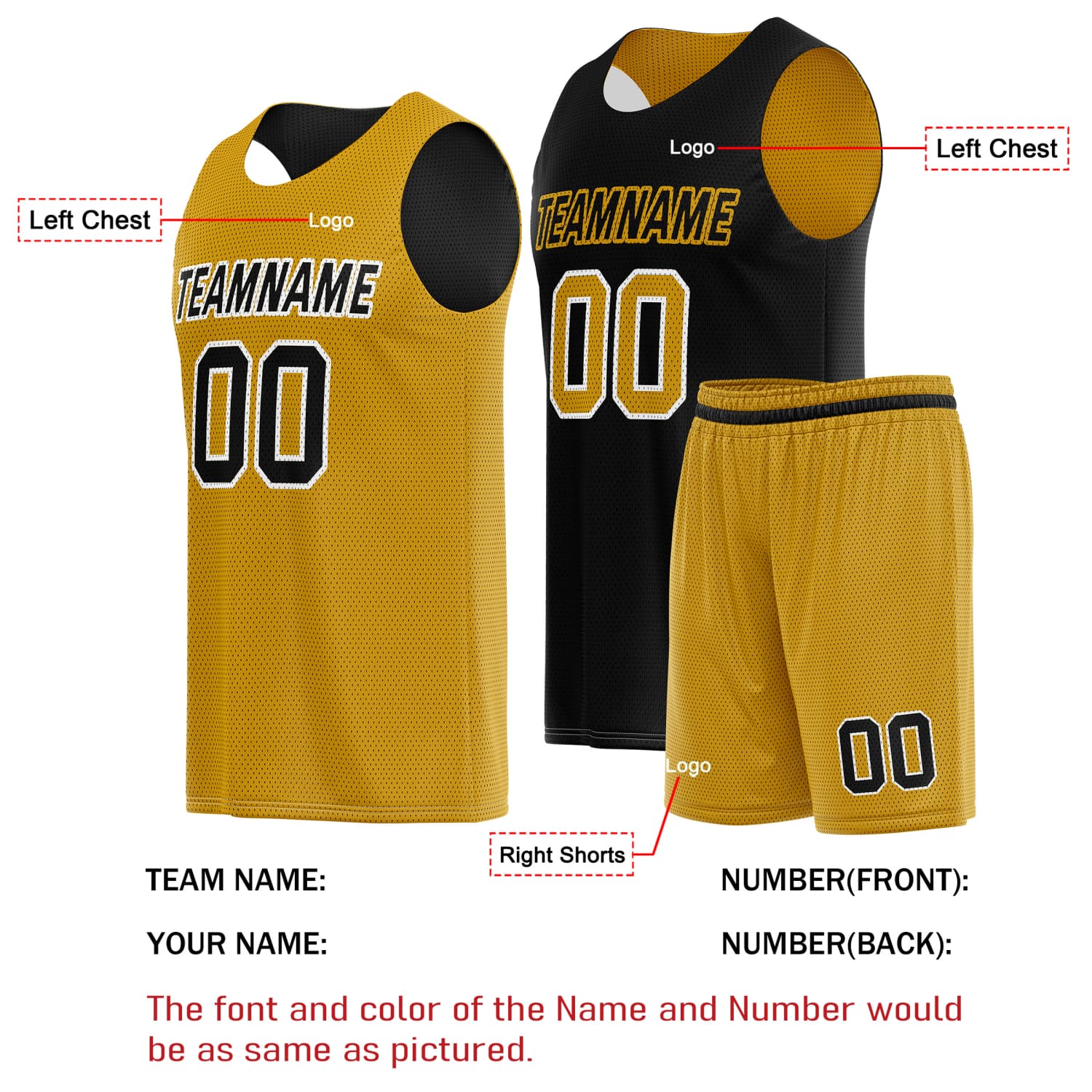 Custom Reversible Basketball Jersey & Shorts Set for Individuals & Teams – Gold Black | Vosoli