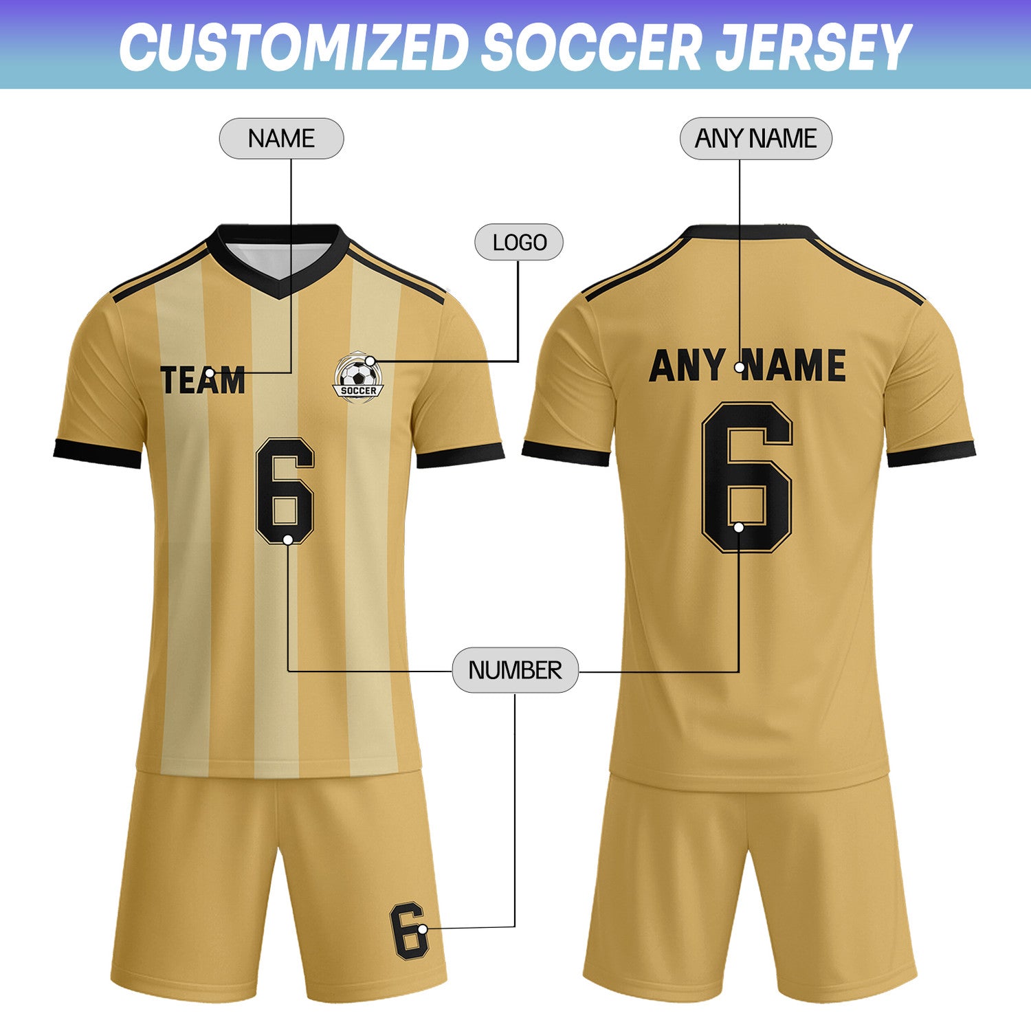 Custom Team Gold Cream-Black Striped Soccer Uniform Set | Vosoli