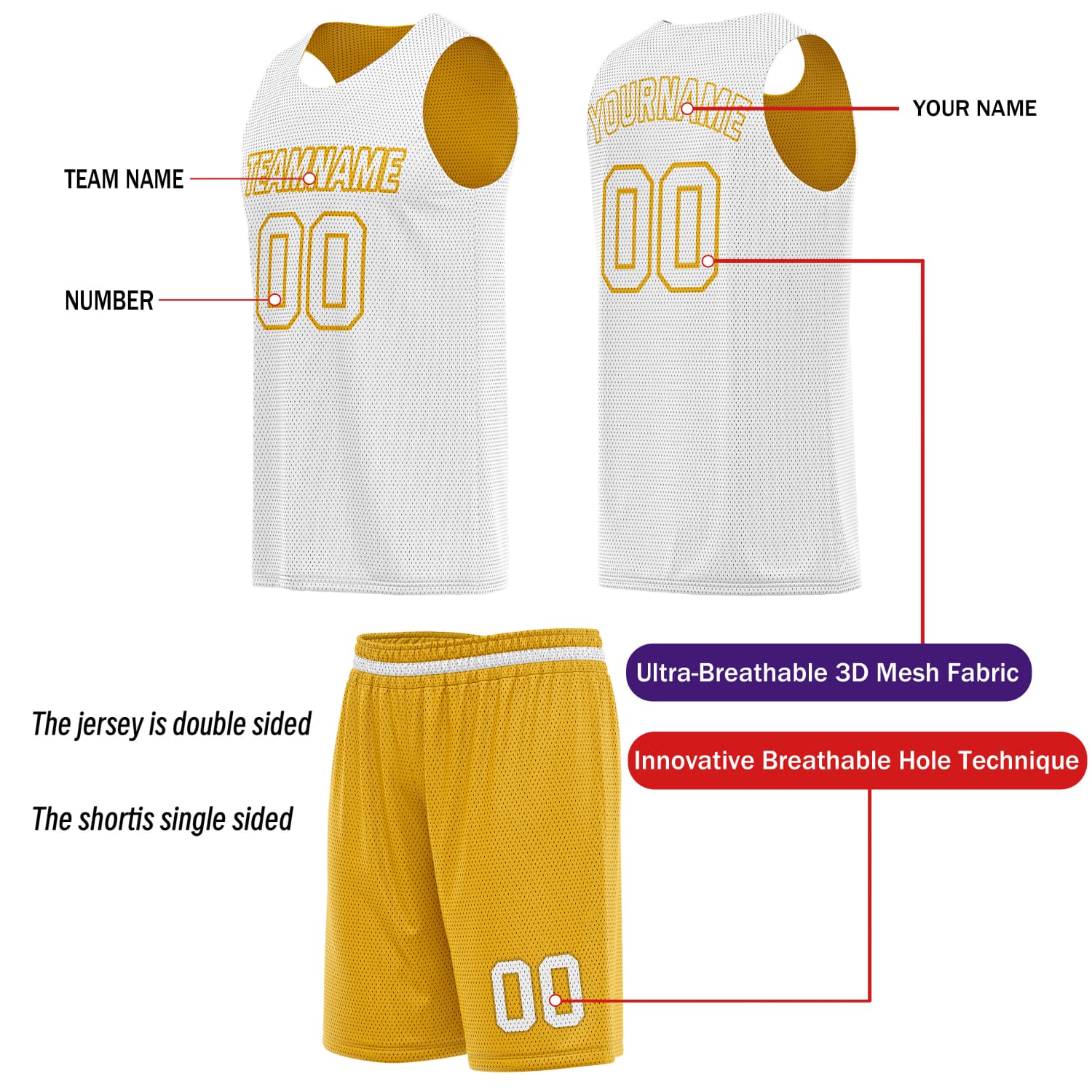 Custom Reversible Basketball Jersey & Shorts Set for Individuals & Teams – Gold White | Vosoli