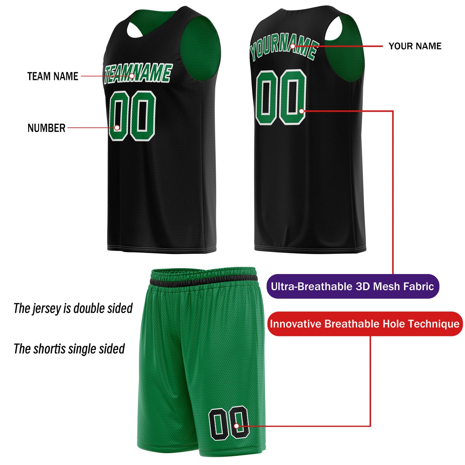 Custom Reversible Basketball Jersey & Shorts Set for Individuals & Teams – Green Black | Vosoli