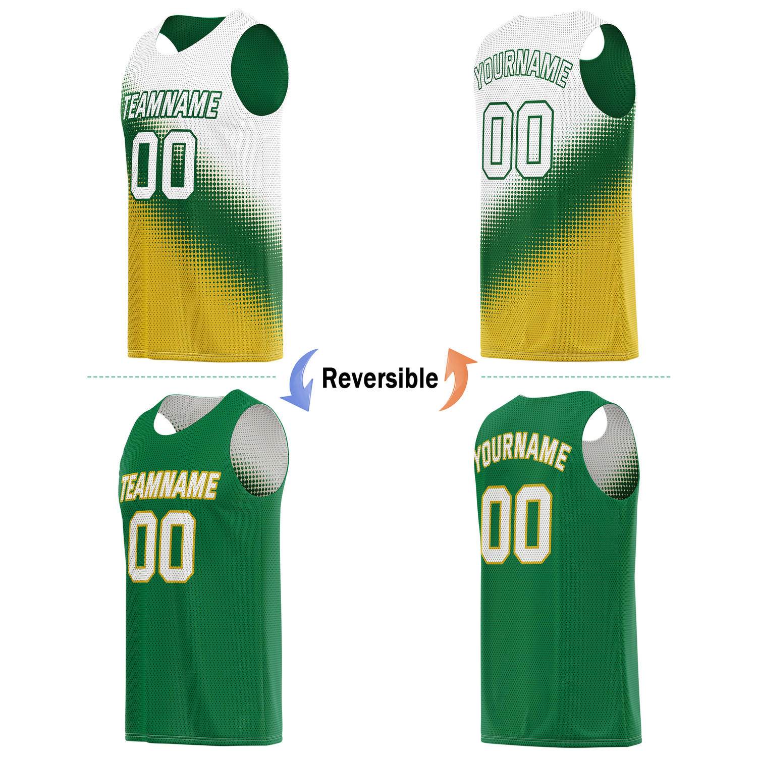 Custom Reversible Basketball Jersey & Shorts Set for Individuals & Teams – Green Gold White Dot Gradient | Vosoli