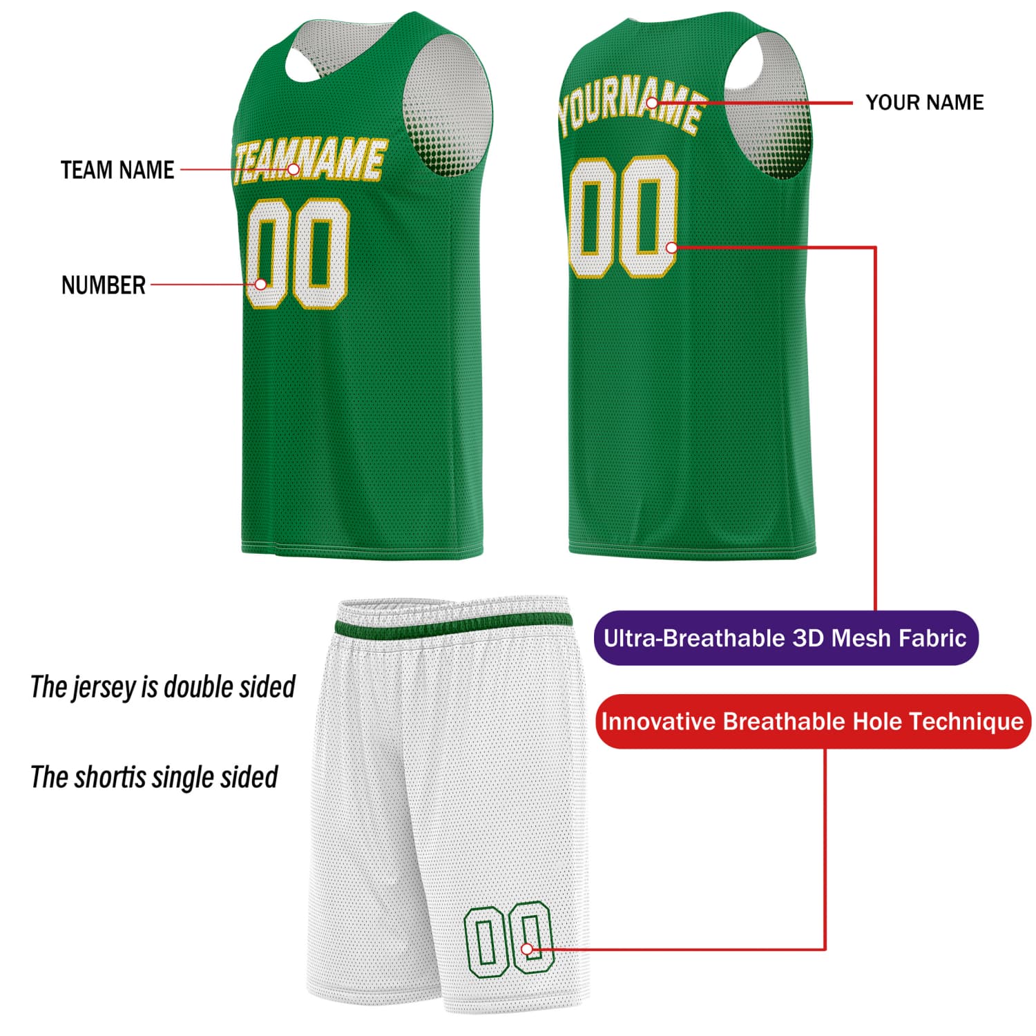 Custom Reversible Basketball Jersey & Shorts Set for Individuals & Teams – Green Gold White Dot Gradient | Vosoli