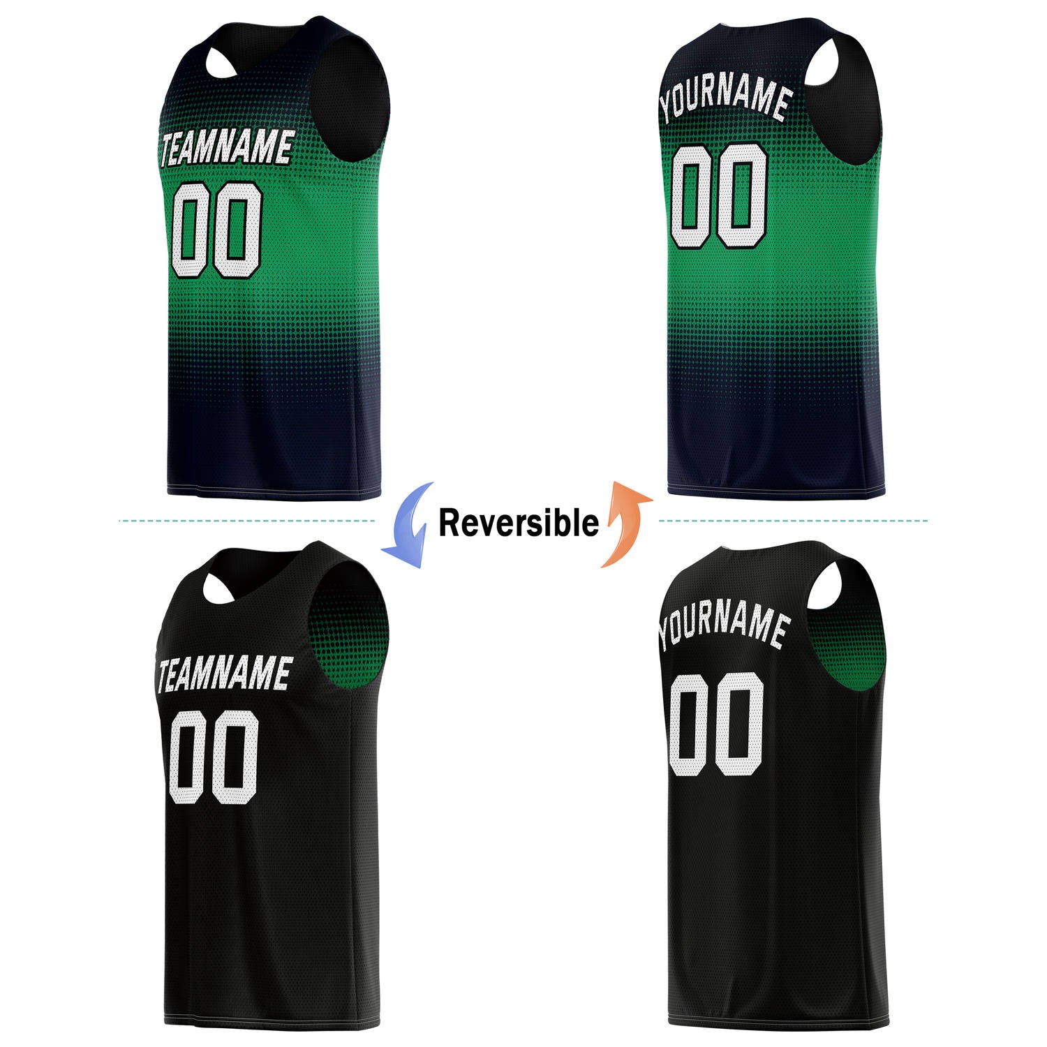 Custom Reversible Basketball Jersey & Shorts Set for Individuals & Teams – Green Navy Black White Dot Gradient | Vosoli
