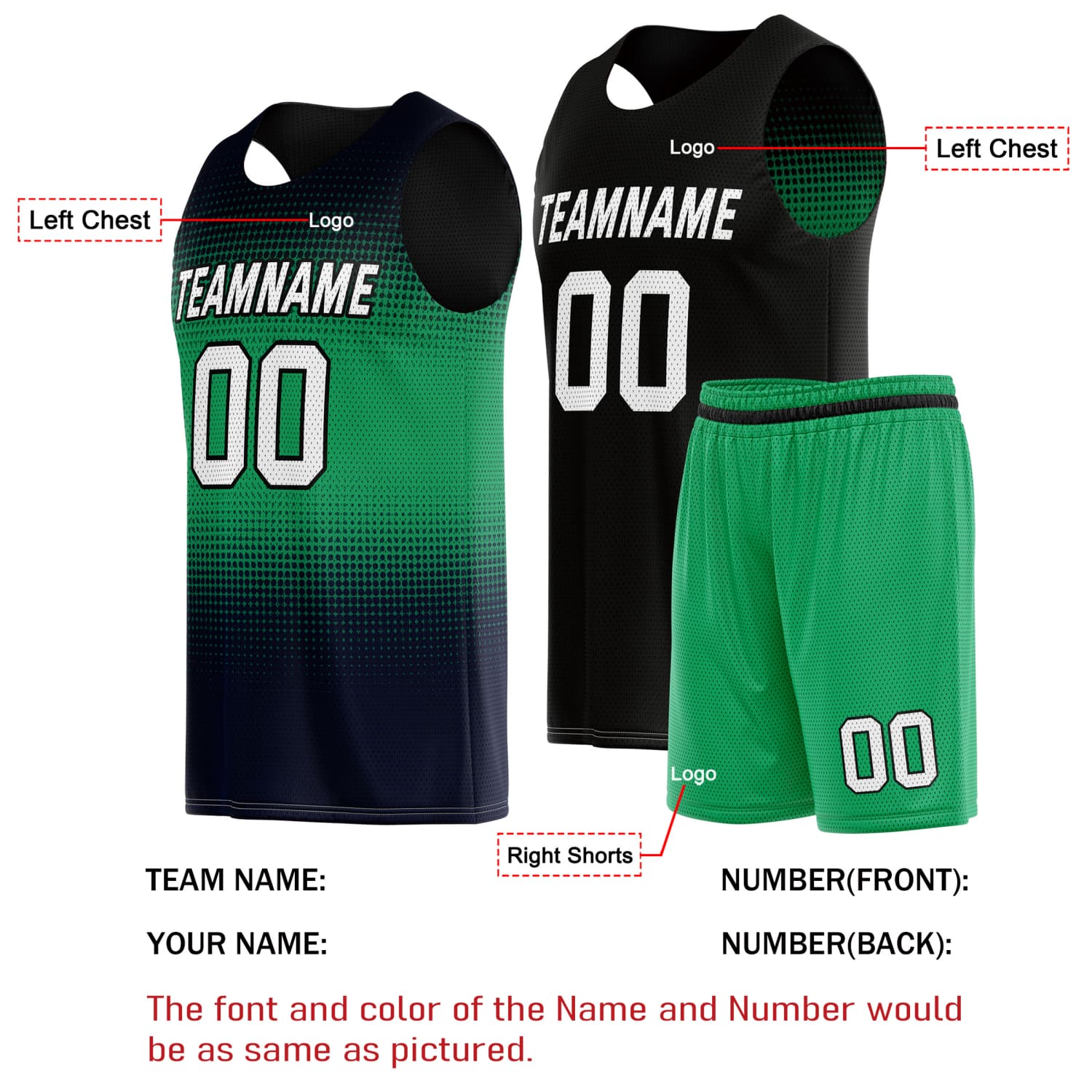 Custom Reversible Basketball Jersey & Shorts Set for Individuals & Teams – Green Navy Black White Dot Gradient | Vosoli