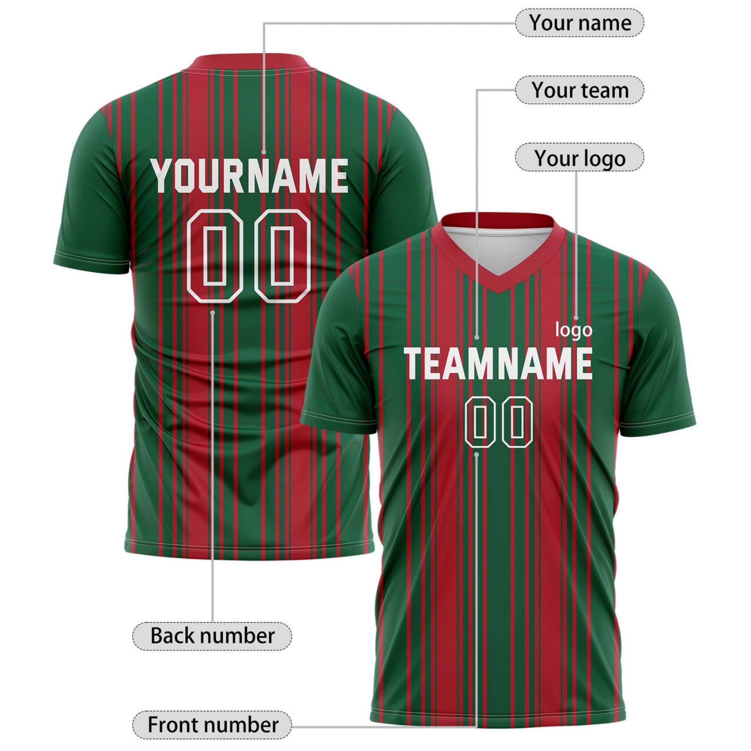 Custom Green & Red Vertical Stripe Soccer Jersey for Teams & Individuals | Vosoli