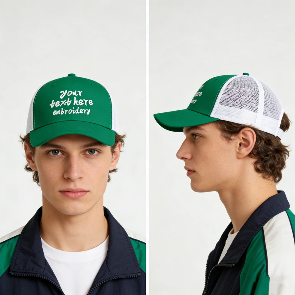 Vosoli Forest Green White Mesh Trucker Cap - Custom Embroidered Personalized Hat
