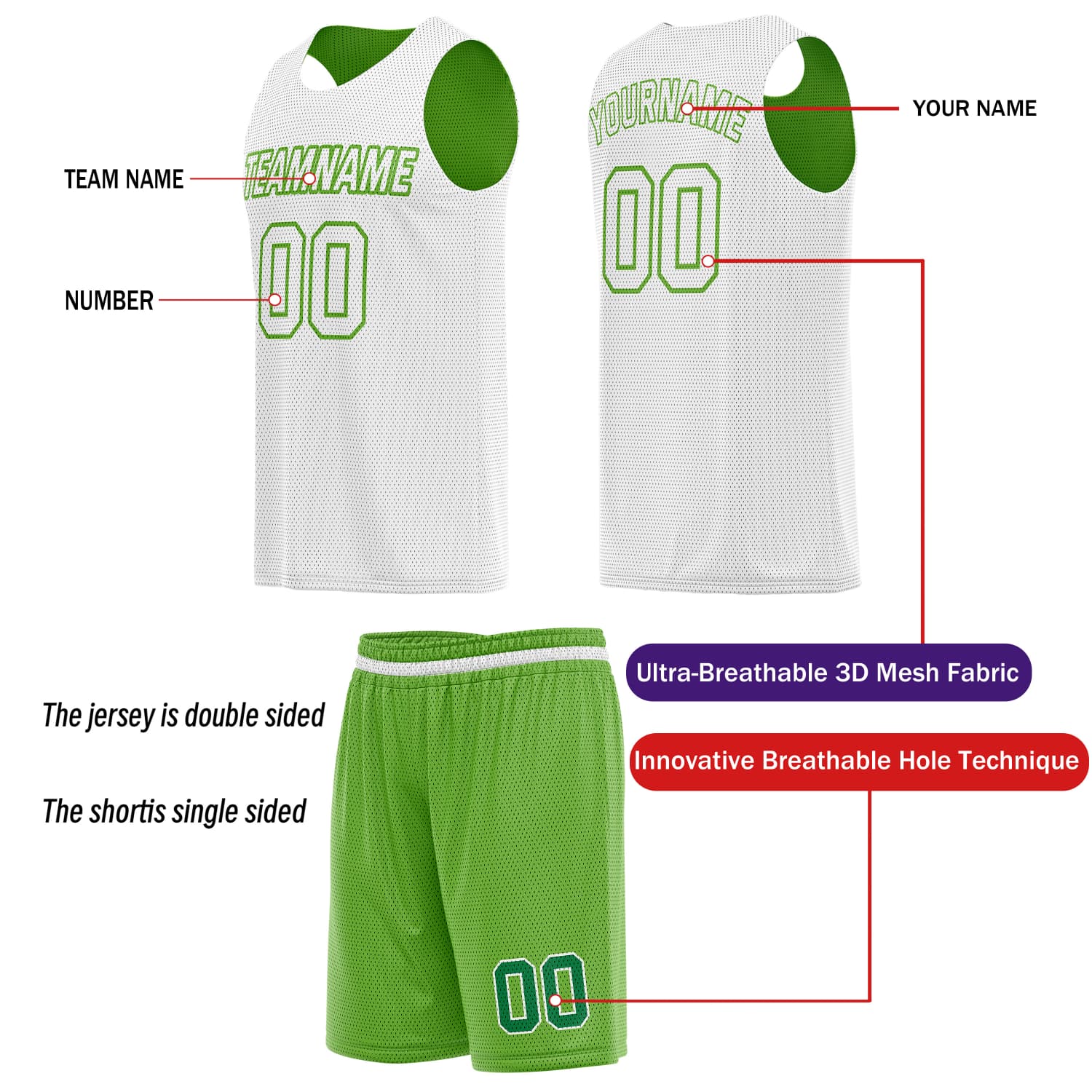 Custom Reversible Basketball Jersey & Shorts Set for Individuals & Teams – Green White | Vosoli
