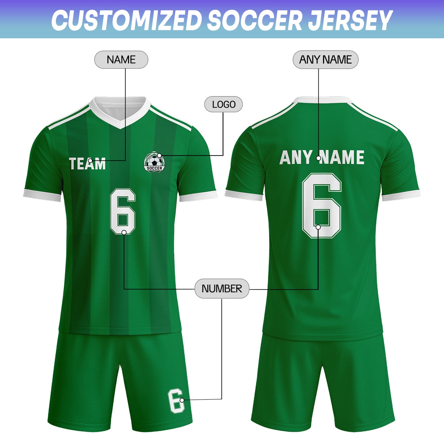 Custom Green & White Striped Soccer Uniform Set for Teams & Individuals | Vosoli