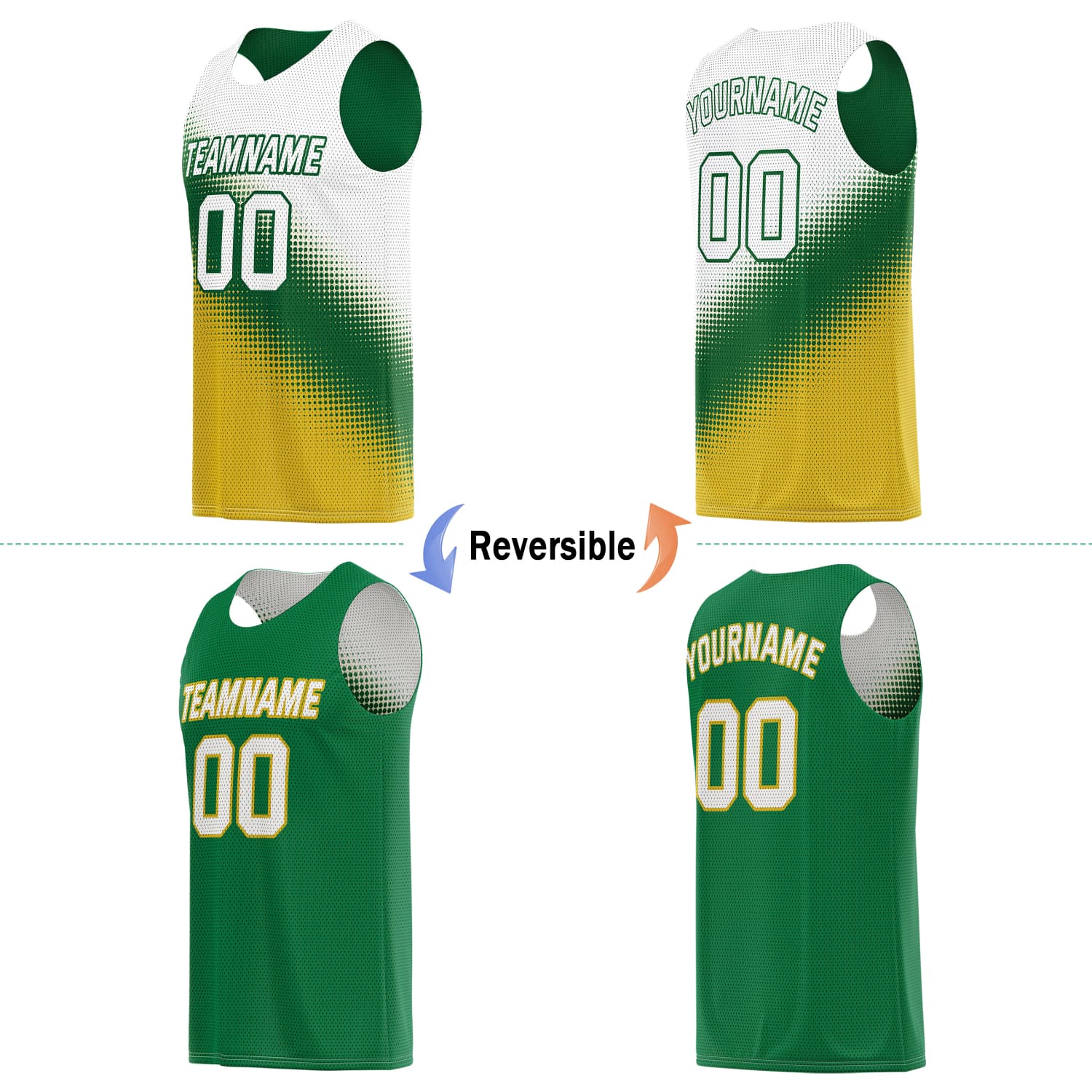 Custom Reversible Basketball Jersey for Individuals & Teams – Green, White & Yellow | Vosoli