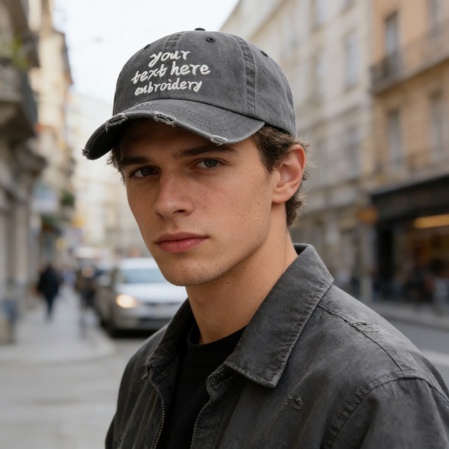 Vosoli Grey Distressed Denim Baseball Cap - Team Custom Embroider or Print Personalized Hat