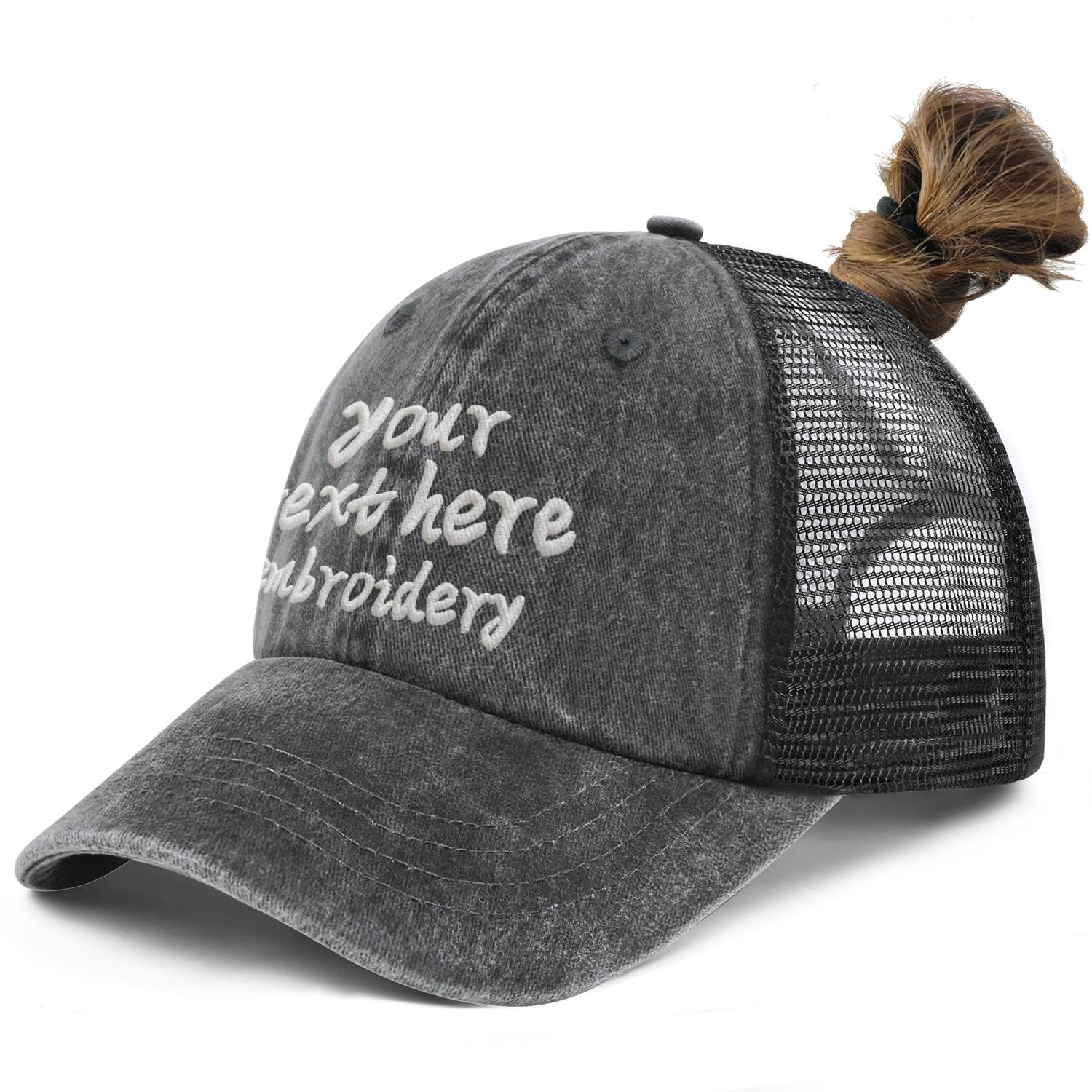 Vosoli Grey Denim Mesh Women’s Ponytail Cap - Team Custom 3D Embroidery or Print Personalized Hat