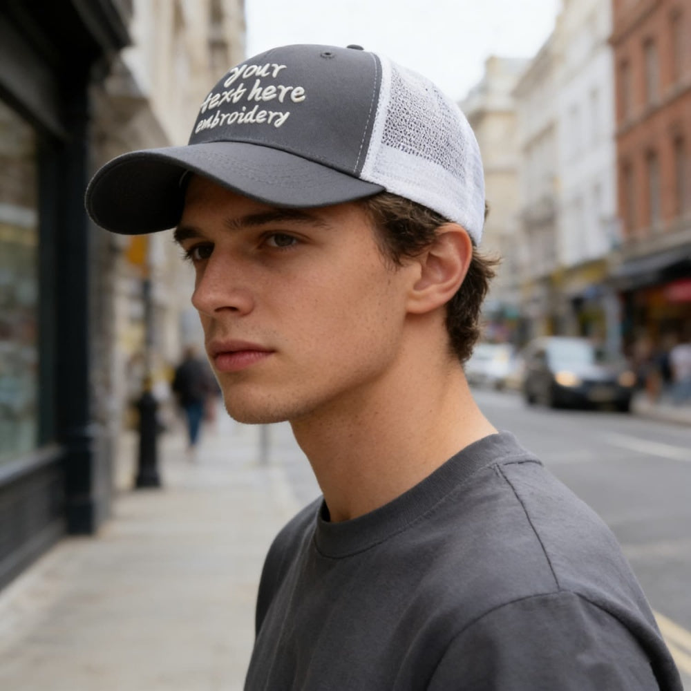Vosoli Grey White Mesh Trucker Cap - Custom Embroidered Personalized Hat